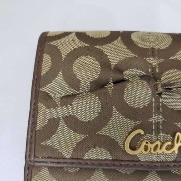 Coach Bifold Jacquard Fabric Wallet Logo CC Brown Tan Cinching - Picture 3 of 12